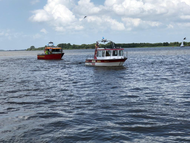 Motorrettungsboot Kiek Ut mit zu schleppendem Tier auf der Elbe, Feuerwehrboot Henry Köpke im Hintergrund